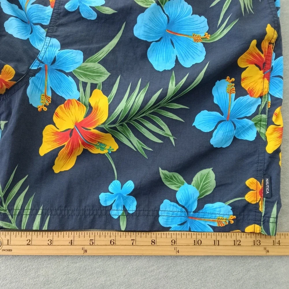 Nautica Mens XL Swim Trunks Navy Blue Tropical Hibiscus Floral Mesh Lined